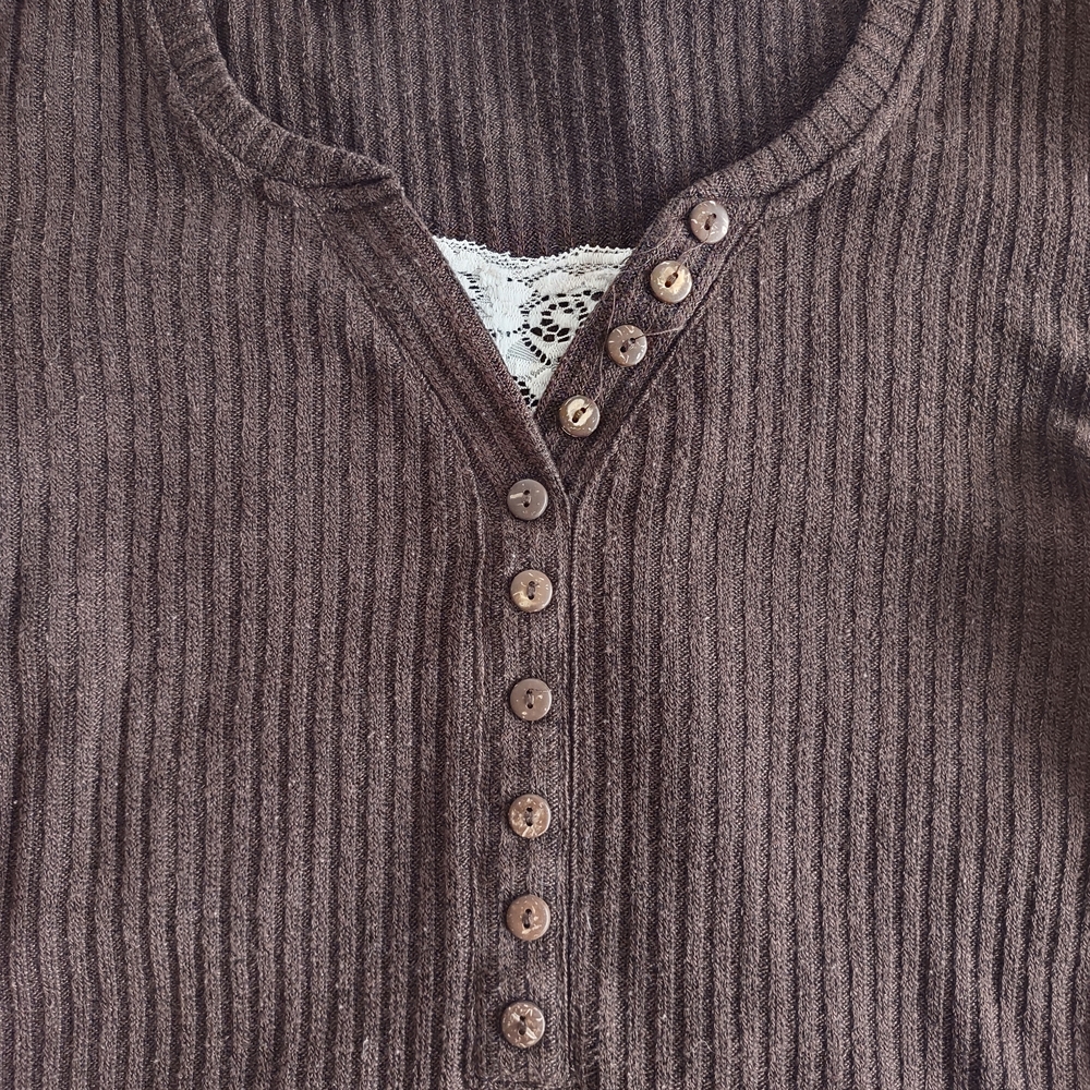 Women’s Brown Ribbed Henley Long Sleeve Top - Picture 2 of 5